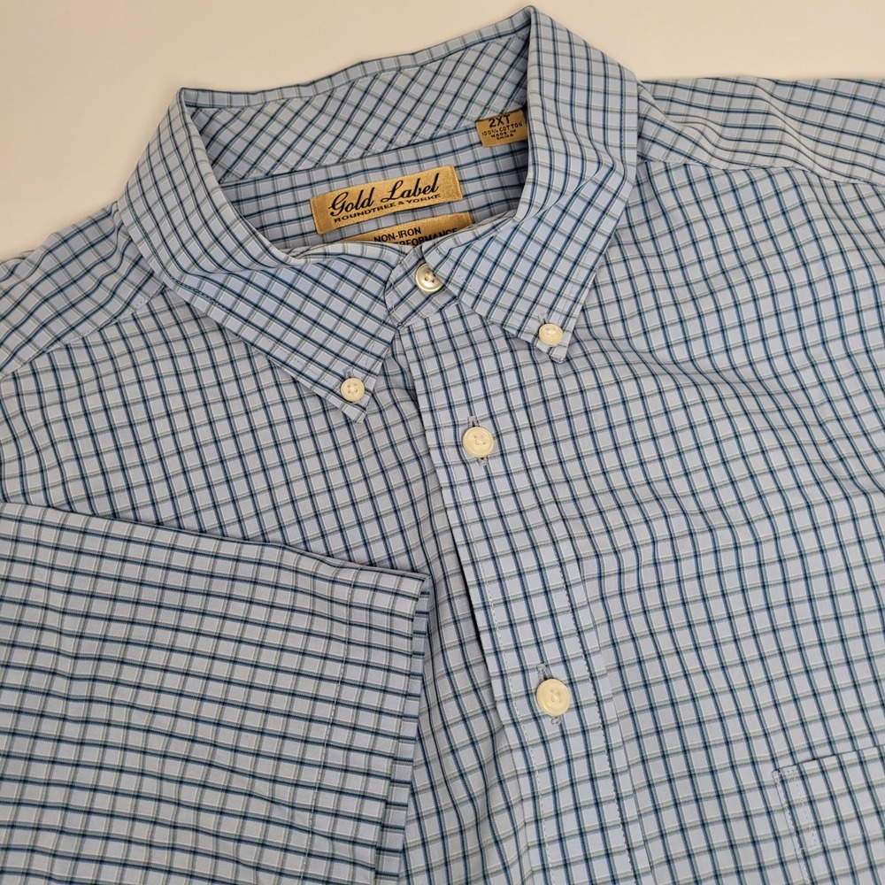 Roundtree & Yorke Gold Label Shirt Mens 2XT Blue Check Excellent Non-Iron Tall